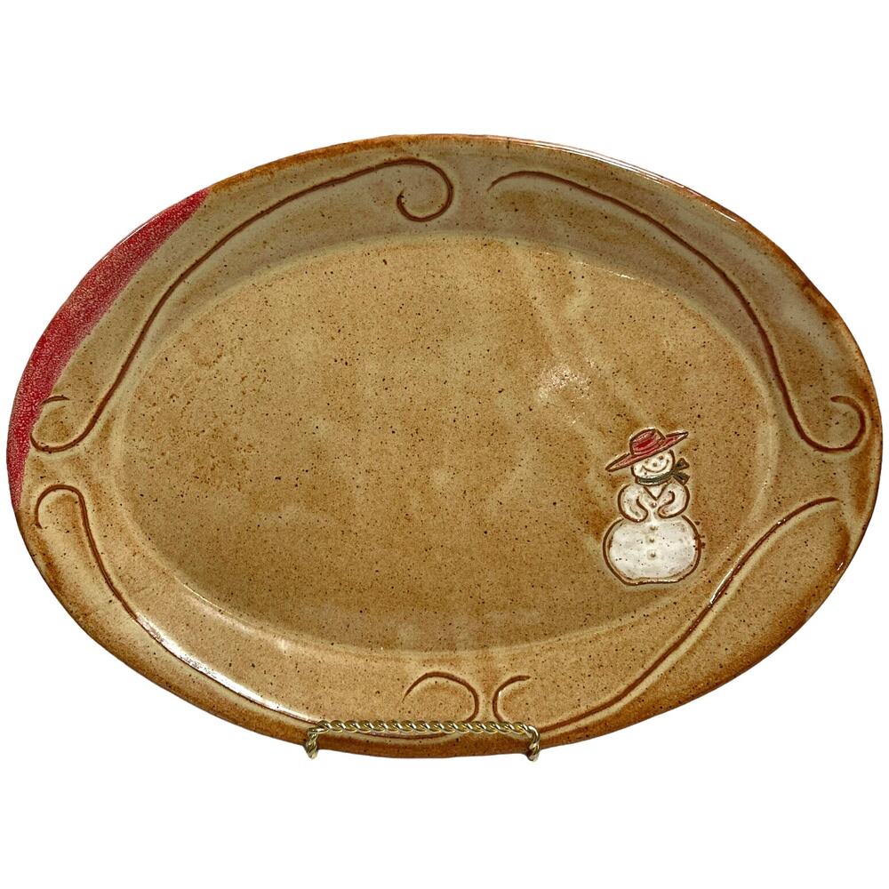 Deep South USA Pottery Snowman Platter Winter Christmas Brown Glazed 13” x 9.5”